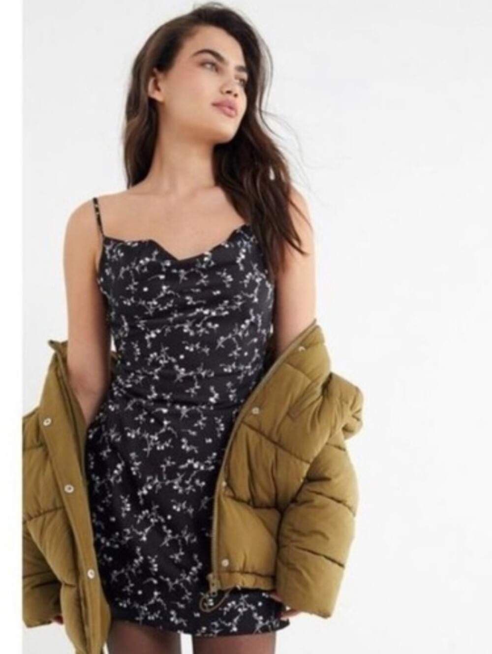 Urban Outfitters Black Mini Slip Dress with White Floral Vine Print